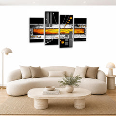 LR Black White Abstract Wall Art Picture – Orange & Modern Framed 4 Panel Split Canvas Print | Ready to Hang | Modern Wall Art for Living Room, Bedroom & Office