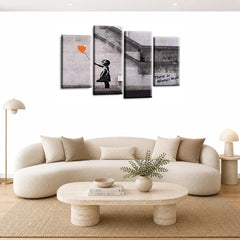 LR Banksy Heart Wall Art Picture – Grey & Orange Graffiti Art Framed 4 Panel Split Canvas Print | Ready to Hang | Modern Wall Art for Living Room, Bedroom & Office