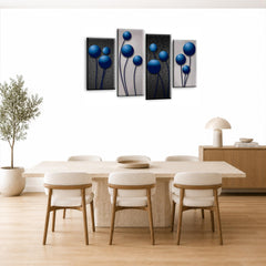LR Blue Floral Rose Wall Art Picture – Grey Framed 4 Panel Split Canvas Print | Ready to Hang | Modern Wall Art for Living Room, Bedroom & Office