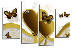 LR Butterfly Heart Wall Art Picture – White & Mustard Floral Abstract Framed 4 Panel Split Canvas Print | Ready to Hang | Modern Wall Art for Living Room, Bedroom & Office