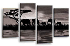 LR Elephant Sunset Wall Art Picture – Grey, Black & White African Framed 4 Panel Split Canvas Print | Ready to Hang | Modern Wall Art for Living Room, Bedroom & Office