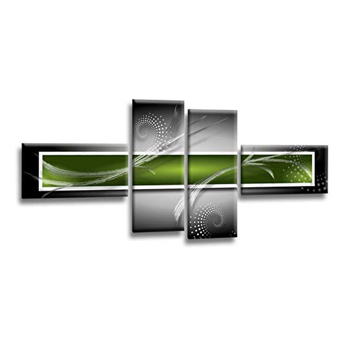 LR Abstract Wall Art Picture – Green, Black & White Modern Framed 4 Panel Split Canvas Print | Ready to Hang | Modern Wall Art for Living Room, Bedroom & Office