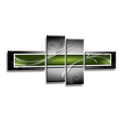 LR Abstract Wall Art Picture – Green, Black & White Modern Framed 4 Panel Split Canvas Print | Ready to Hang | Modern Wall Art for Living Room, Bedroom & Office
