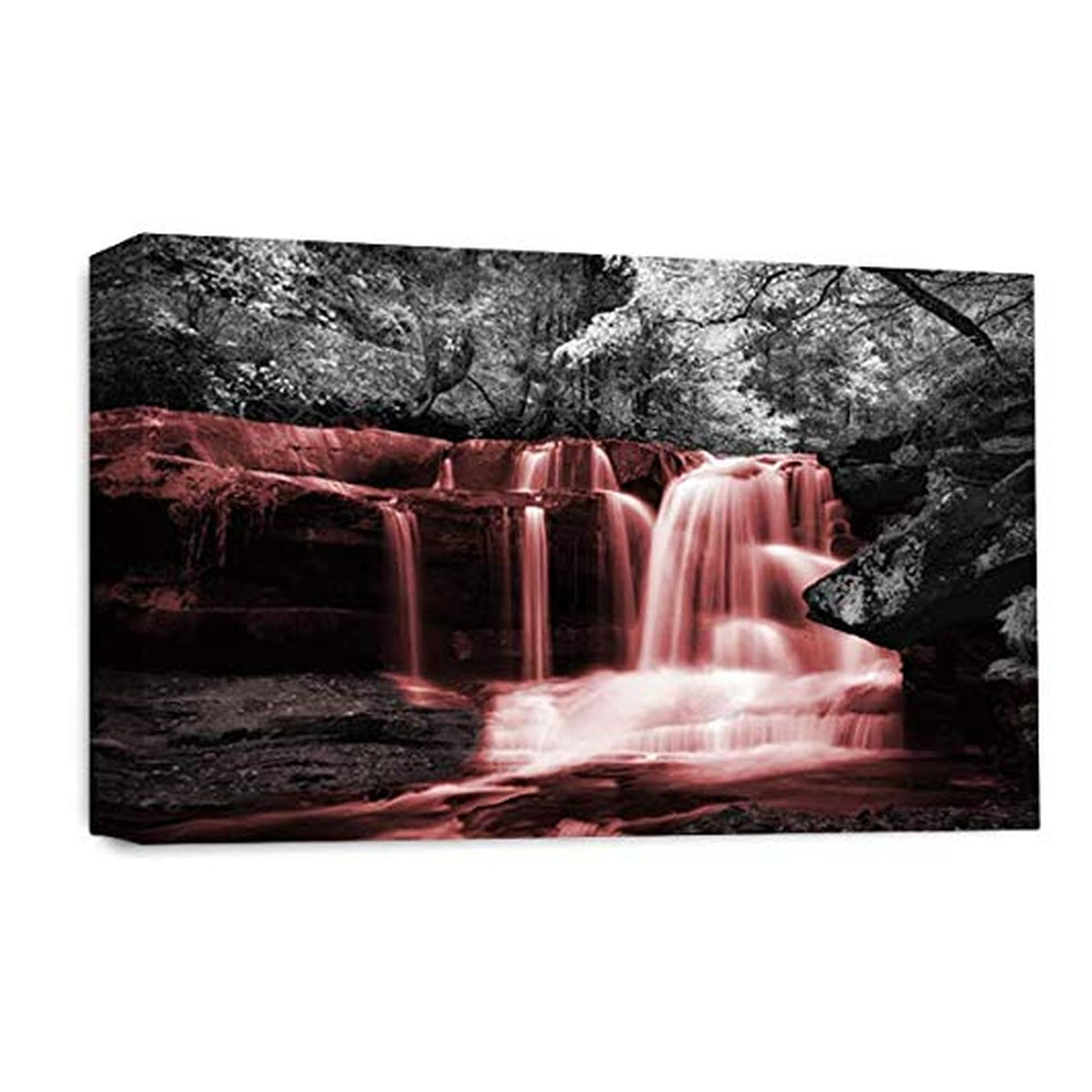LR Red Waterfall Wall Art Picture – Grey & White Forest Framed Canvas Print | Ready to Hang | Modern Wall Art for Living Room, Bedroom & Office