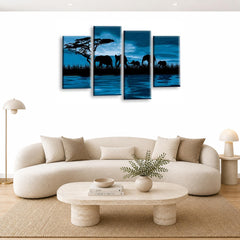 LR Elephant Sunset Wall Art Picture – Grey, Blue & Brown African Framed 4 Panel Split Canvas Print | Ready to Hang | Modern Wall Art for Living Room, Bedroom & Office