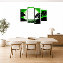 LR Landscape Wall Art Picture – Green, Black & White Floral Framed 4 Panel Split Canvas Print | Ready to Hang | Modern Wall Art for Living Room, Bedroom & Office