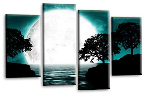 LR Landscape Wall Art Picture – Teal, Black & White Floral Framed 4 Panel Split Canvas Print | Ready to Hang | Modern Wall Art for Living Room, Bedroom & Office