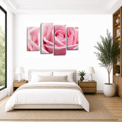 LR Floral Pink Rose Love Art Wall Art Picture – Grey & White Framed 4 Panel Split Canvas Print | Ready to Hang | Modern Wall Art for Living Room, Bedroom & Office