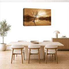 LR Landscape Wall Art Picture – Cream & Brown Mountain Lake Framed Canvas Print | Ready to Hang | Modern Wall Art for Living Room, Bedroom & Office