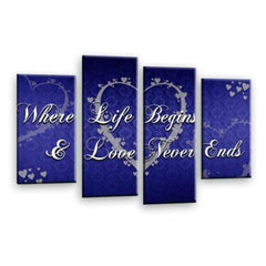 LR Love Wall Art Picture – Grey & Blue Quote Framed 4 Panel Split Canvas Print | Ready to Hang | Modern Wall Art for Living Room, Bedroom & Office