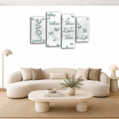 LR Love Wall Art Picture – White & Duck Egg Family Quote Framed 4 Panel Split Canvas Print | Ready to Hang | Modern Wall Art for Living Room, Bedroom & Office