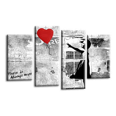 LR Banksy Heart Wall Art Picture – Grey & Red Graffiti Art Framed 4 Panel Split Canvas Print | Ready to Hang | Modern Wall Art for Living Room, Bedroom & Office
