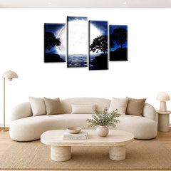 LR Landscape Wall Art Picture – Blue, Black & White Floral Framed 4 Panel Split Canvas Print | Ready to Hang | Modern Wall Art for Living Room, Bedroom & Office
