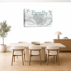 LR Family Love Quote Wall Art Picture – White & Duck Egg Framed Canvas Print | Ready to Hang | Modern Wall Art for Living Room, Bedroom & Office