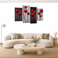 LR Red Floral Rose Wall Art Picture – Grey Framed 4 Panel Split Canvas Print | Ready to Hang | Modern Wall Art for Living Room, Bedroom & Office