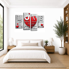 LR Red Love Heart Wall Art Picture – Grey & White Modern Abstract Framed 4 Panel Split Canvas Print | Ready to Hang | Modern Wall Art for Living Room, Bedroom & Office