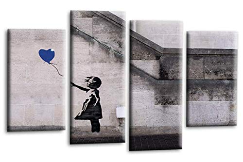 LR Banksy Heart Art Print Blue Grey Balloon Girl Framed Canvas Split Wall Picture Ready to Hang