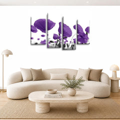 LR Floral Rose Poppy Wall Art Picture – Purple & White Framed 4 Panel Split Canvas Print | Ready to Hang | Modern Wall Art for Living Room, Bedroom & Office
