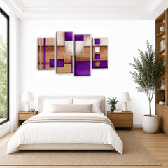 LR Abstract Wall Art Picture – Purple & Cream Modern Framed 4 Panel Split Canvas Print | Ready to Hang | Modern Wall Art for Living Room, Bedroom & Office