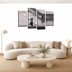 LR Banksy Heart Wall Art Picture – Grey & Duck Egg Graffiti Art Framed 4 Panel Split Canvas Print | Ready to Hang | Modern Wall Art for Living Room, Bedroom & Office