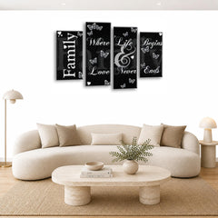 LR Family Love Quote Wall Art Picture – Black & White Framed 4 Panel Split Canvas Print | Ready to Hang | Modern Wall Art for Living Room, Bedroom & Office