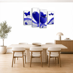 LR Butterfly Heart Wall Art Picture – Blue & White Floral Abstract Framed 4 Panel Split Canvas Print | Ready to Hang | Modern Wall Art for Living Room, Bedroom & Office