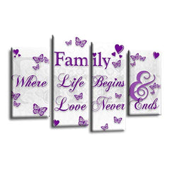 LR Family Love Quote Wall Art Picture – Purple & White Framed 4 Panel Split Canvas Print | Ready to Hang | Modern Wall Art for Living Room, Bedroom & Office
