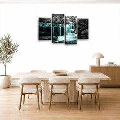 LR Waterfall Teal Wall Art Picture – Grey & Forest Framed 4 Panel Split Canvas Print | Ready to Hang | Modern Wall Art for Living Room, Bedroom & Office