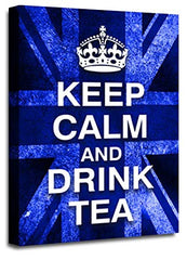 LR Keep Calm Wall Art Canvas Picture Drink Tea Blue White Union Jack Home Framed Panel Print Ready to Hang