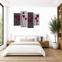 LR Purple Floral Rose Wall Art Picture – Grey Framed 4 Panel Split Canvas Print | Ready to Hang | Modern Wall Art for Living Room, Bedroom & Office