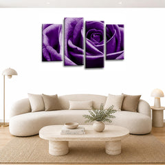 LR Floral Purple Rose Wall Art Picture Framed 4 Panel Split Canvas Print | Ready to Hang | Modern Wall Art for Living Room, Bedroom & Office