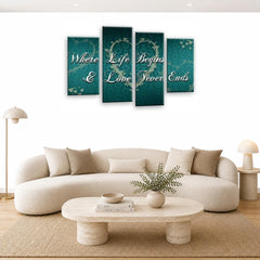 LR Love Quote Wall Art Picture – Grey & Teal Framed 4 Panel Split Canvas Print | Ready to Hang | Modern Wall Art for Living Room, Bedroom & Office