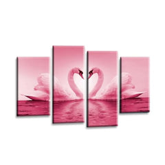 LR Love Swans Wall Art Picture – Pink & Cream Heart Framed 4 Panel Split Canvas Print | Ready to Hang | Modern Wall Art for Living Room, Bedroom & Office