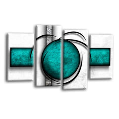 LR Abstract Wall Art Picture – Teal & White Modern Framed 4 Panel Split Canvas Print | Ready to Hang | Modern Wall Art for Living Room, Bedroom & Office