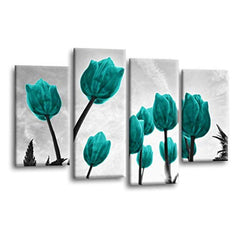 LR Floral Rose Tulip Wall Art Picture – Grey & Teal Framed 4 Panel Split Canvas Print | Ready to Hang | Modern Wall Art for Living Room, Bedroom & Office