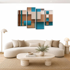 LR Teal Abstract Wall Art Picture – Cream Modern Framed 4 Panel Split Canvas Print | Ready to Hang | Modern Wall Art for Living Room, Bedroom & Office