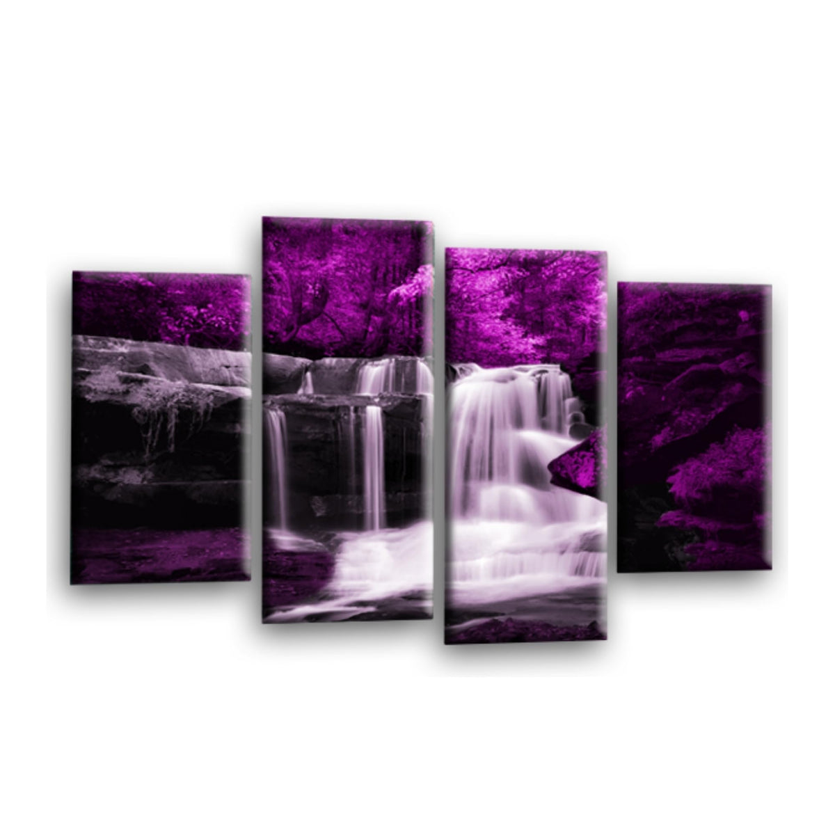 LR Waterfall Forest Wall Art Picture – Purple, Grey & White Framed 4 Panel Split Canvas Print | Ready to Hang | Modern Wall Art for Living Room, Bedroom & Office