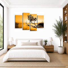 LR Sunset Landscape Lake Wall Art Picture – Brown & Orange Floral Framed 4 Panel Split Canvas Print | Ready to Hang | Modern Wall Art for Living Room, Bedroom & Office