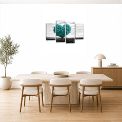 LR Floral Love Heart Wall Art Picture – Grey & Teal Tree Framed 4 Panel Split Canvas Print | Ready to Hang | Modern Wall Art for Living Room, Bedroom & Office