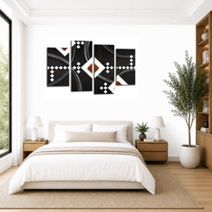LR Brown Abstract Wall Art Picture – Black & White Modern Framed 4 Panel Split Canvas Print | Ready to Hang | Modern Wall Art for Living Room, Bedroom & Office
