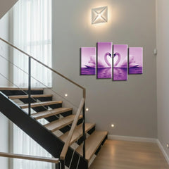 LR Love Swans Wall Art Picture – Purple & White Heart Framed 4 Panel Split Canvas Print | Ready to Hang | Modern Wall Art for Living Room, Bedroom & Office