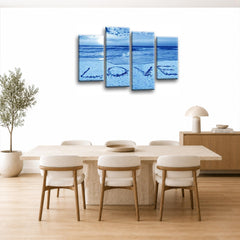 LR Love Beach Wall Art Picture – Grey & Blue Sunset Seascape Framed 4 Panel Split Canvas Print | Ready to Hang | Modern Wall Art for Living Room, Bedroom & Office