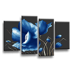 LR Floral Rose Blue Wall Art Picture Framed 4 Panel Split Canvas Print | Ready to Hang | Modern Wall Art for Living Room, Bedroom & Office