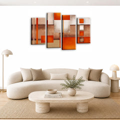 LR Orange Abstract Wall Art Picture – Cream & Modern Framed 4 Panel Split Canvas Print | Ready to Hang | Modern Wall Art for Living Room, Bedroom & Office