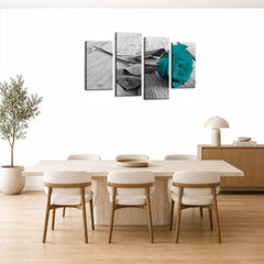LR Teal Rose Floral Wall Art Picture Framed 4 Panel Split Canvas Print | Ready to Hang | Modern Wall Art for Living Room, Bedroom & Office