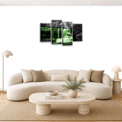 LR Waterfall Green Wall Art Picture – Grey & Forest Framed 4 Panel Split Canvas Print | Ready to Hang | Modern Wall Art for Living Room, Bedroom & Office