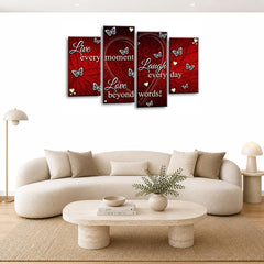 LR Live Laugh Wall Art Picture – Grey, Red & White Love Quote Framed 4 Panel Split Canvas Print | Ready to Hang | Modern Wall Art for Living Room, Bedroom & Office