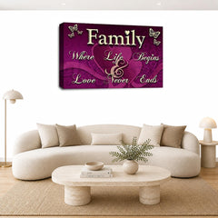 LR Family Love Quote Wall Art Picture – Purple & Cream Framed Canvas Print | Ready to Hang | Modern Wall Art for Living Room, Bedroom & Office