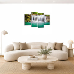 LR Waterfall Wall Art Picture – Teal, Black & White Forest Framed 4 Panel Split Canvas Print | Ready to Hang | Modern Wall Art for Living Room, Bedroom & Office