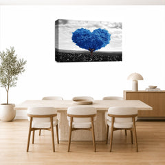 LR Floral Love Heart Tree Wall Art Picture – Grey & Blue Framed Canvas Print | Ready to Hang | Modern Wall Art for Living Room, Bedroom & Office